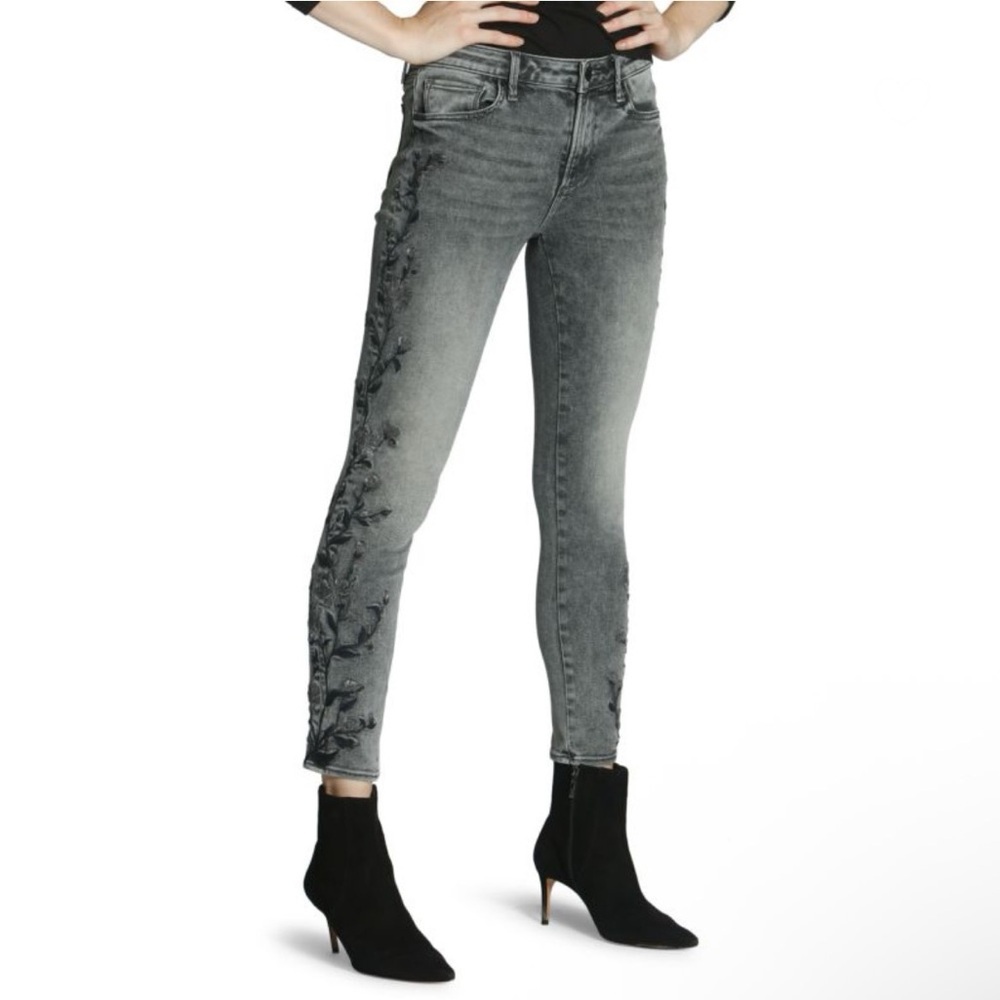 Driftwood Jackie Floral Embroidered Boho Low Rise Skinny Jeans Faded‎ Black 27